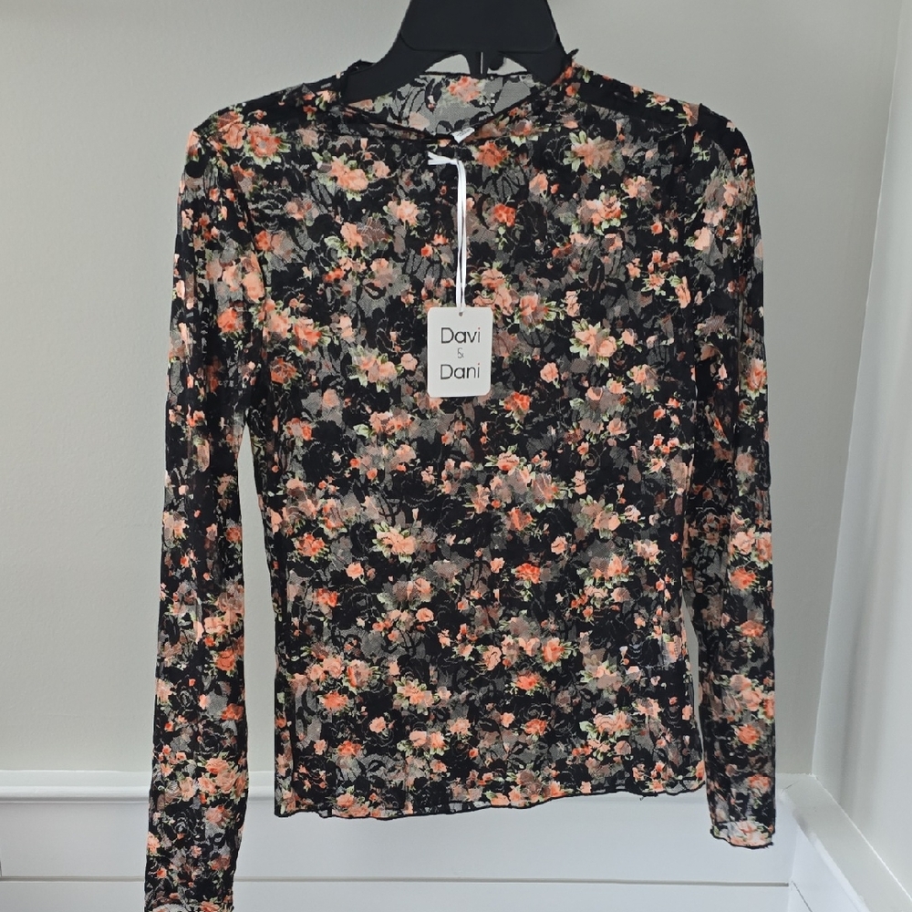 Davi & Dani Floral Long Sleeve Top - Black and Peach
